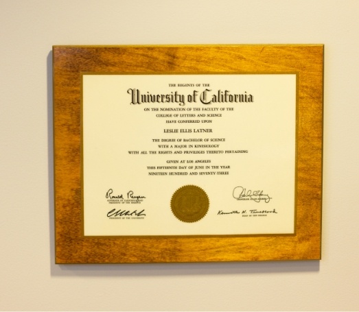 Framed diploma from the University of California for Doctor Les Latner