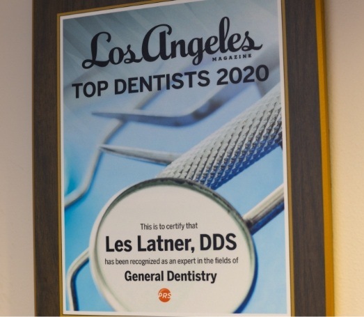 Framed cover of Los Angeles Magazine Top Dentists 2020 recognizing Doctor Les Latner as an expert in general dentistry