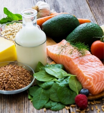 Plate featuring a variety of healthy foods like salmon avocados and leafy greens