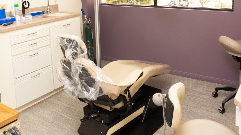 Black and beige dental chair in Los Angeles dental office