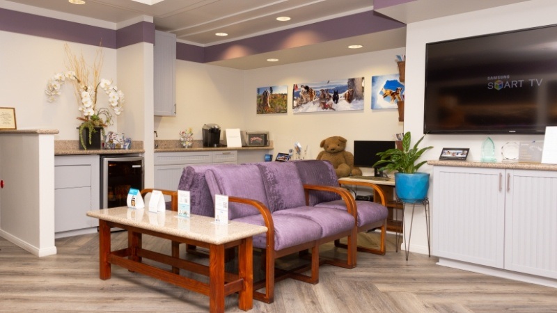Purple chairs and refreshment station in reception area of dental office