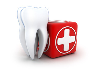 Render of a tooth standing next to a medical chest
