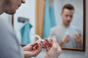 Man applying whitening product to his take-home trays
